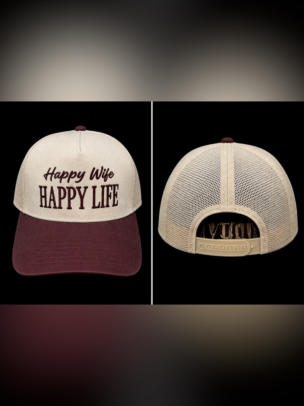 🆕 Happy Wife Happy Life Trucker Hat Raisin Cream Embroidered Snapback Cap - Picture 2 of 2